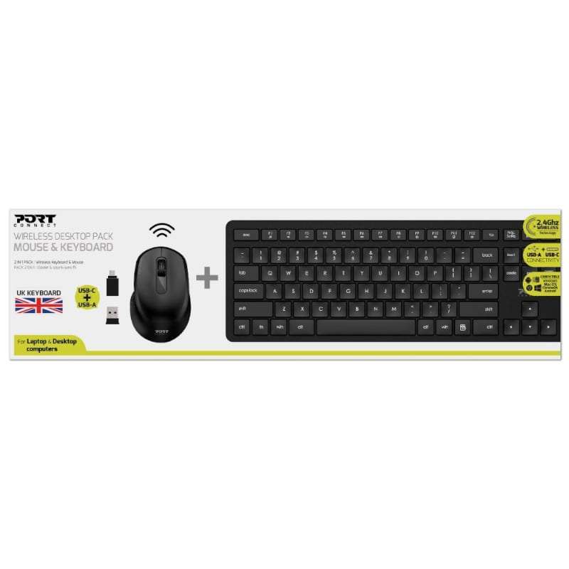 Port Wireless Keyboard and Mouse Combo with USB and Type-C Dongle - Black (UNBOXED DEAL)