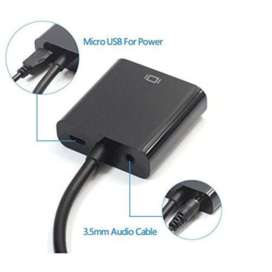 HDMI to VGA Converter Adapter Cable with 3.5mm Audio and USB power cable - Black
