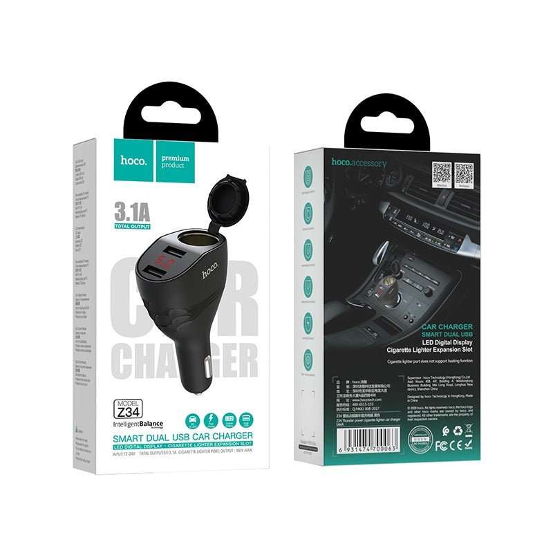 Hoco Thunder Power Car Charger With Dual USB 3.1A & Cigarette Lighter Z34