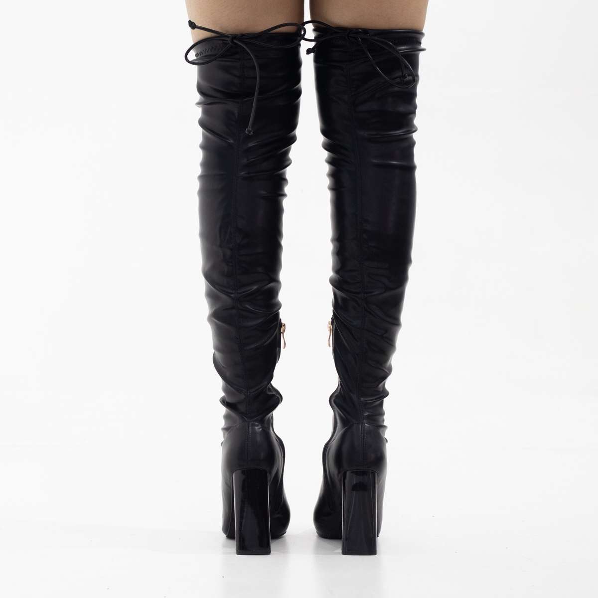 Tomian thigh high pointy high 10.5cm heel boot PU black