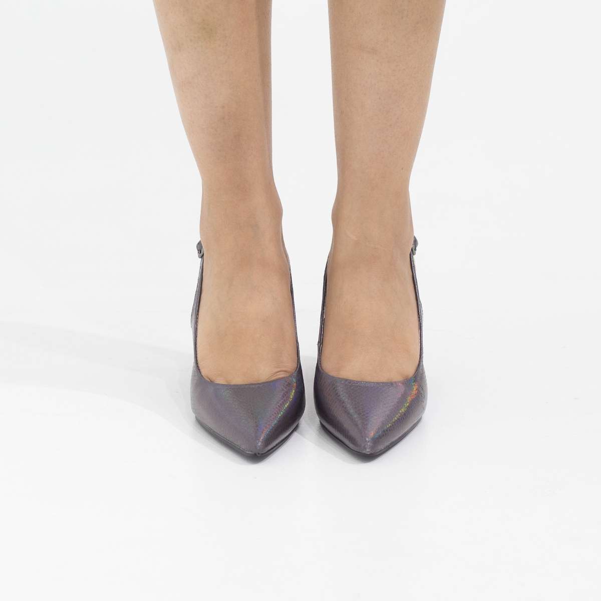 Prisha pointy sling back on a 9cm block heel pewter
