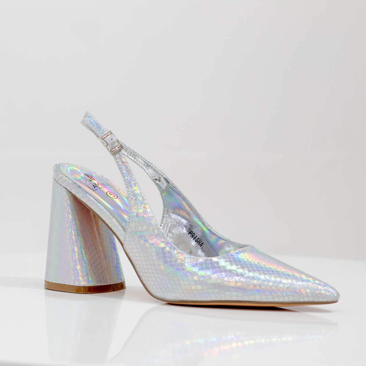 Prisha pointy sling back on a 9cm block heel silver