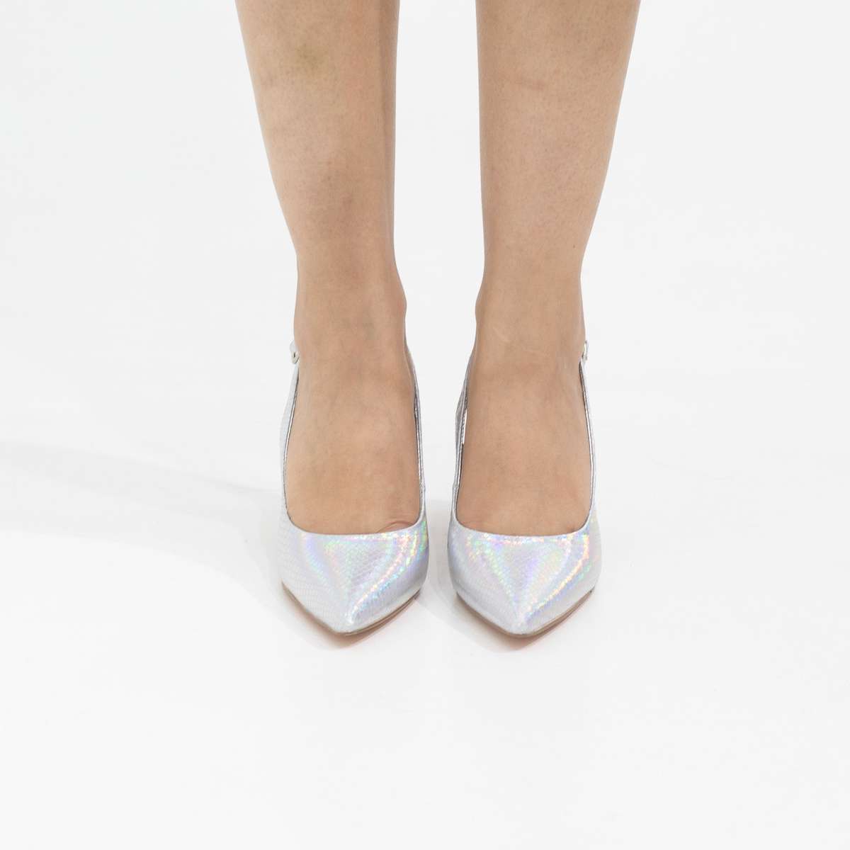 Prisha pointy sling back on a 9cm block heel silver