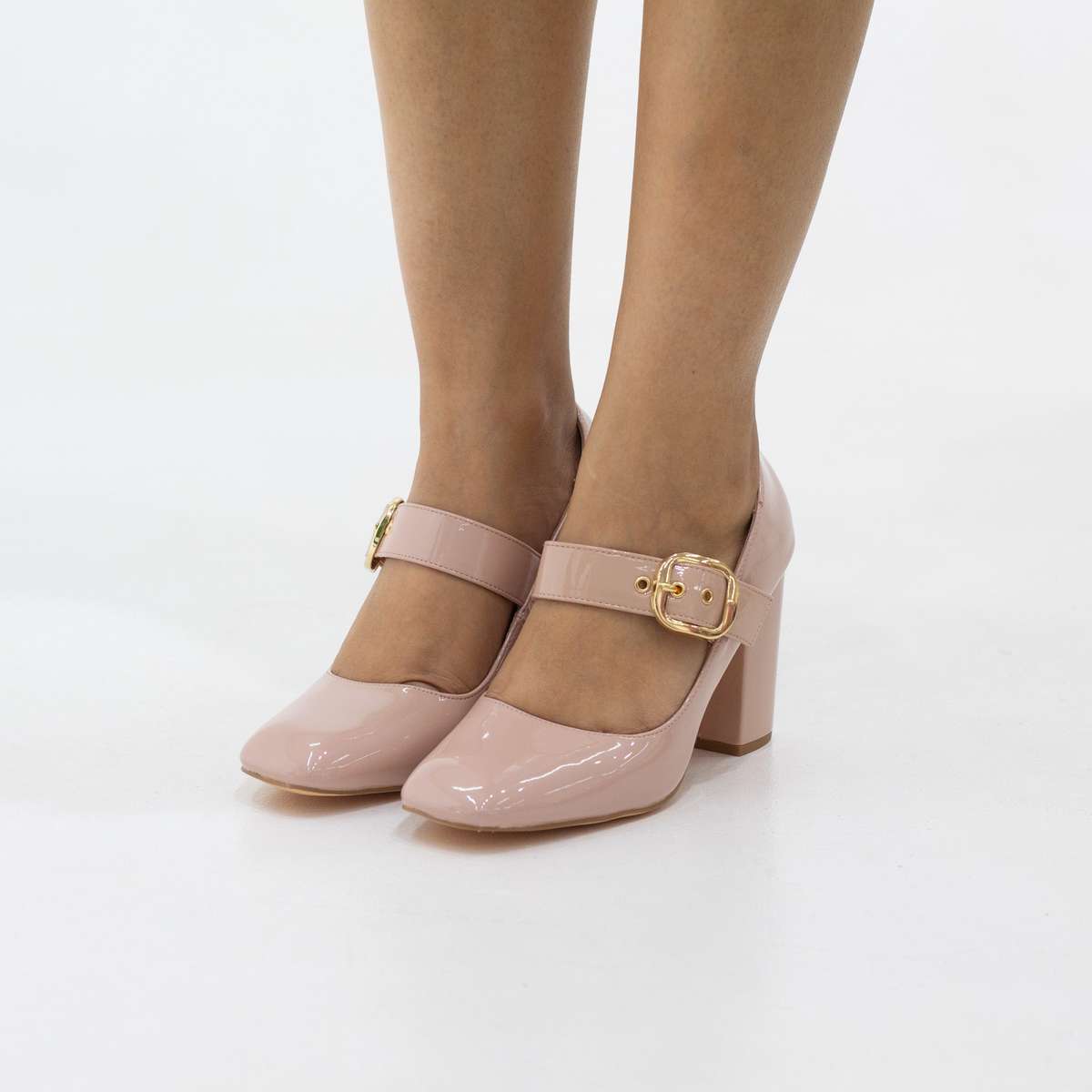 Moira strap belt 8.5cm block heel court pat