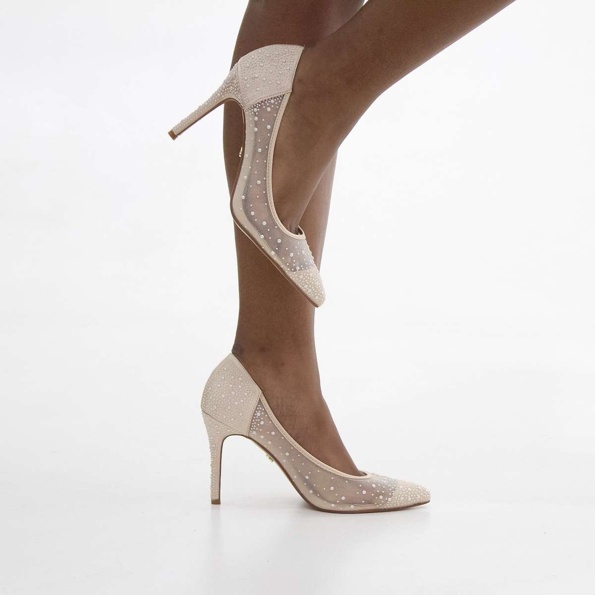 Aisha satin mesh pearl embellished court on 9cm heel