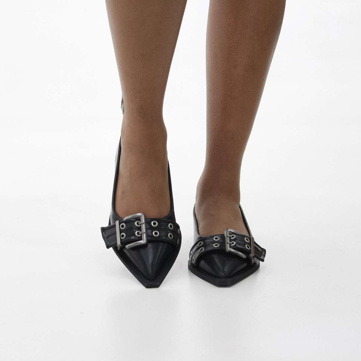 Alicja sharp silhouette toe buckle embellished gladiator pump