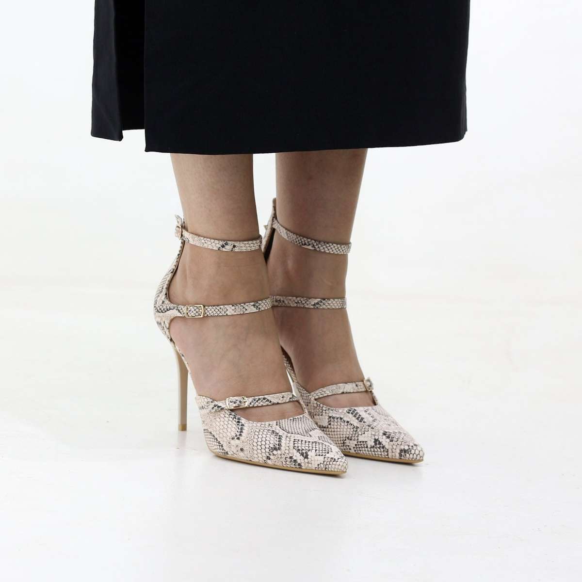 Moss triple-strap pointed stiletto 10.5cm heel with buckles