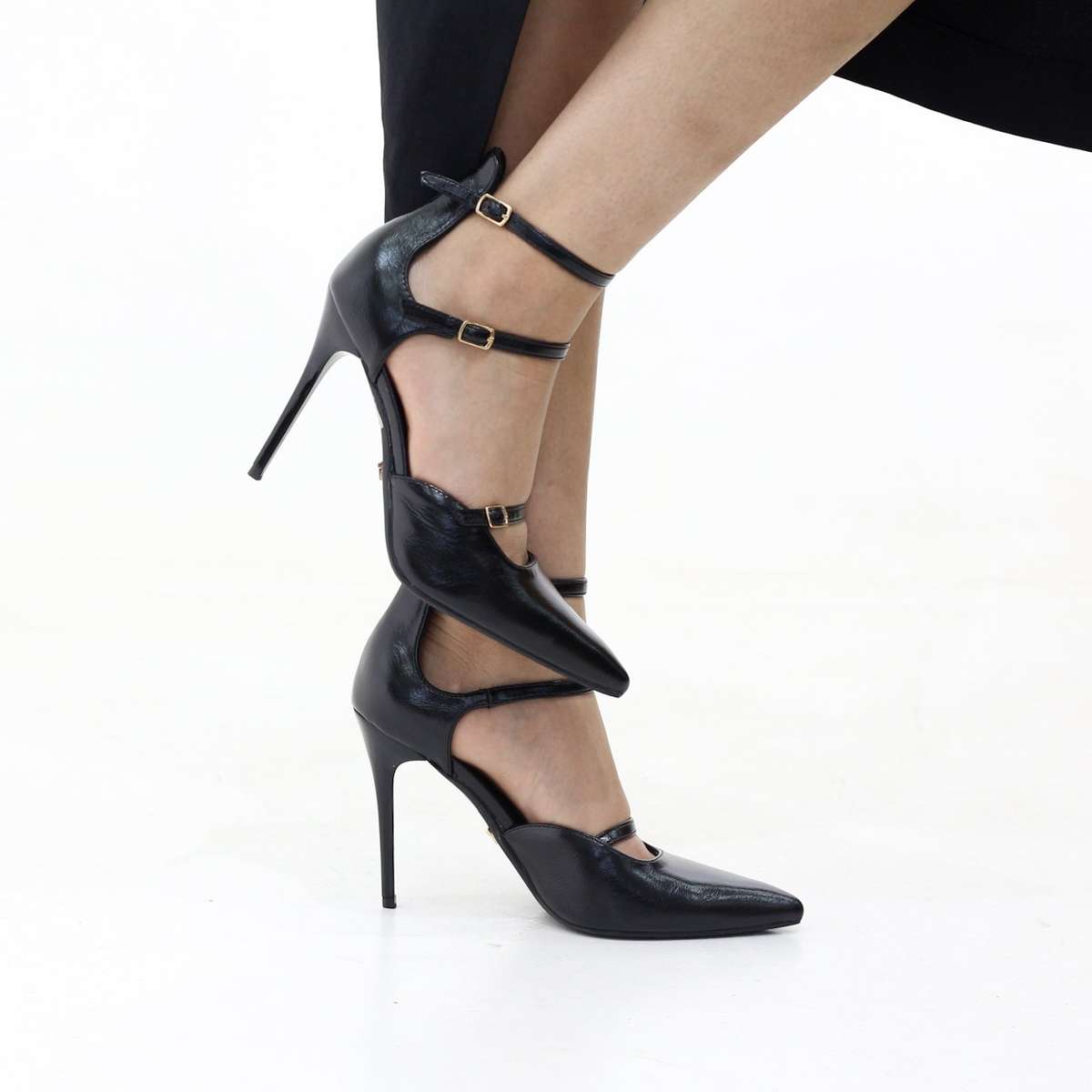Moss triple-strap pointed stiletto 10.5cm heel with buckles