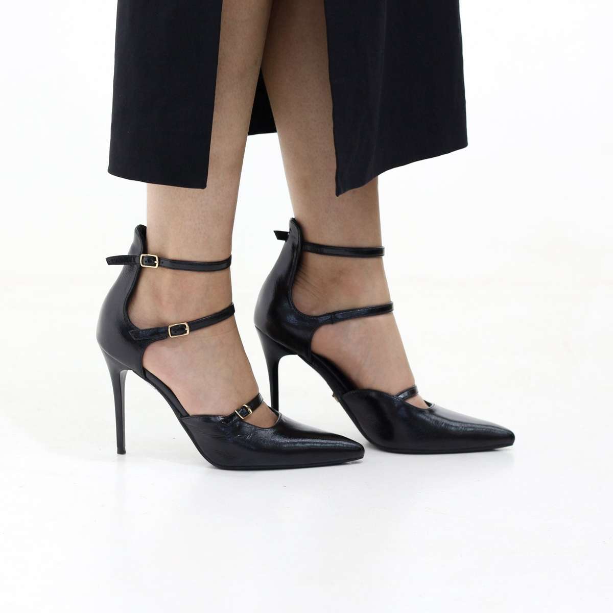 Moss triple-strap pointed stiletto 10.5cm heel with buckles