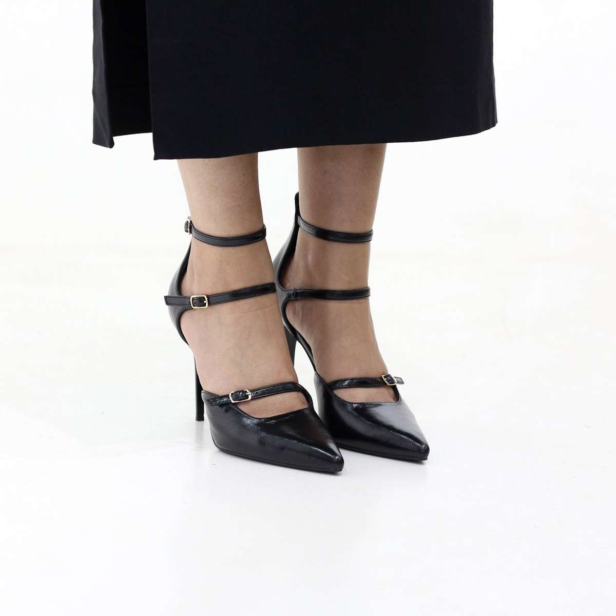 Moss triple-strap pointed stiletto 10.5cm heel with buckles