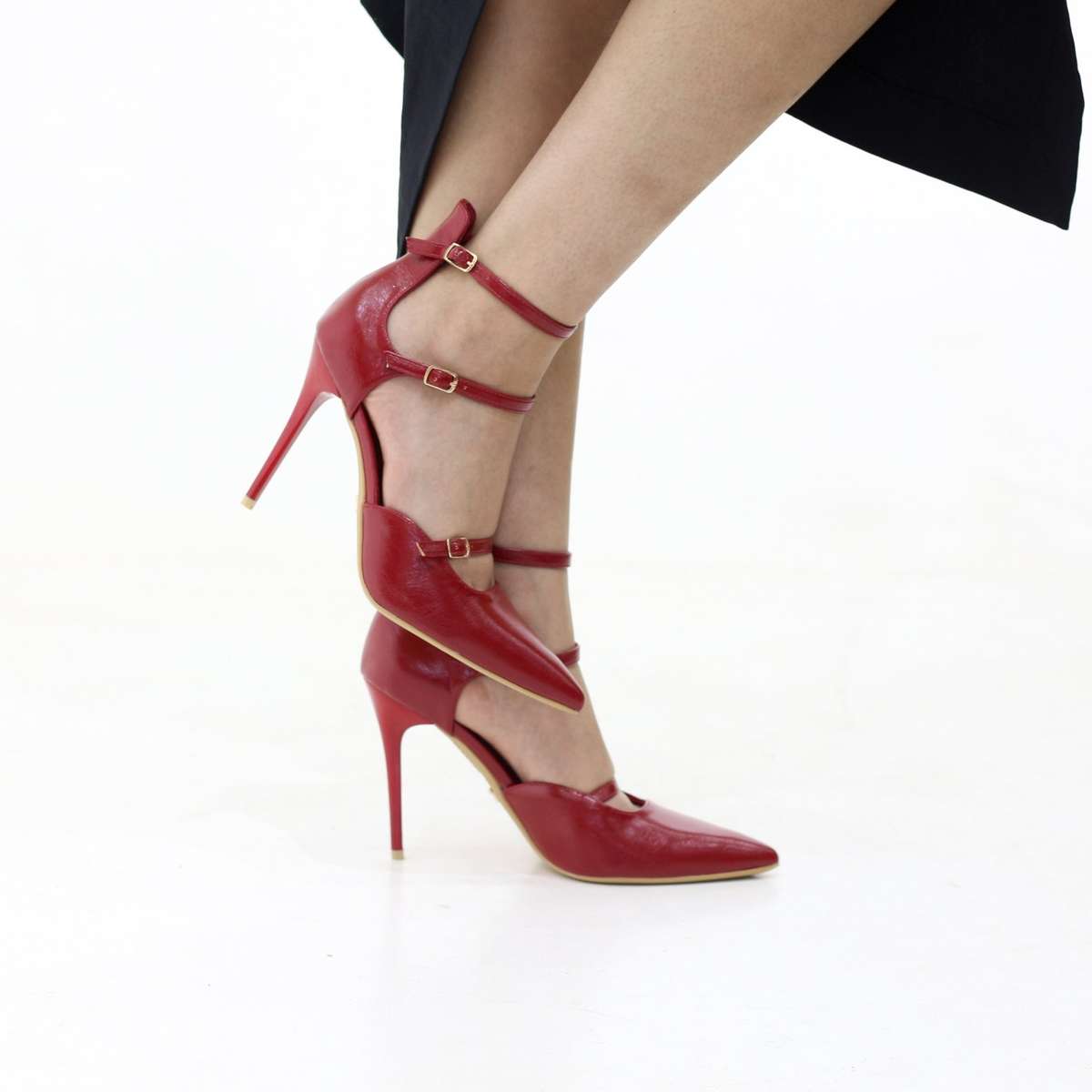 Moss triple-strap pointed stiletto 10.5cm heel with buckles