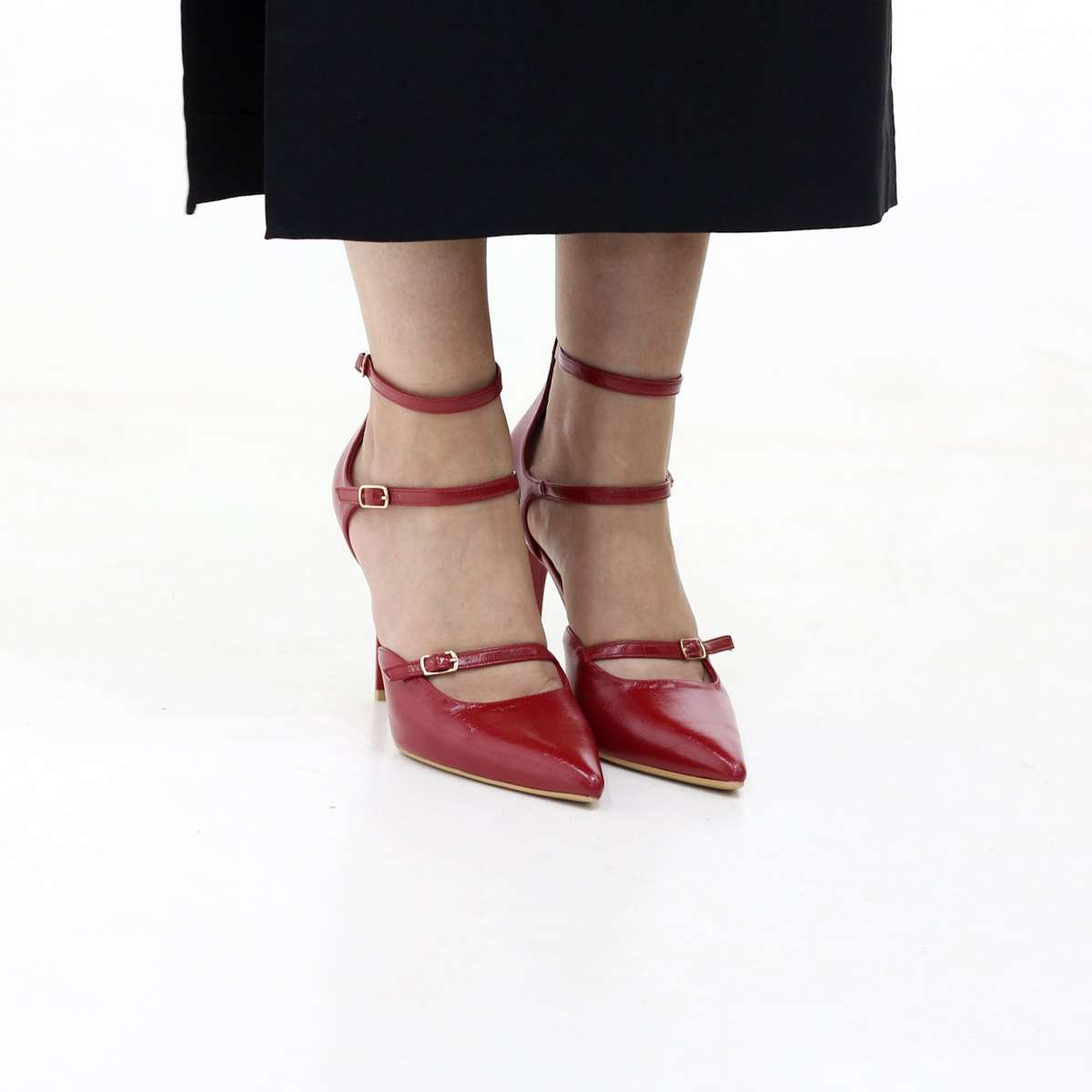 Moss triple-strap pointed stiletto 10.5cm heel with buckles