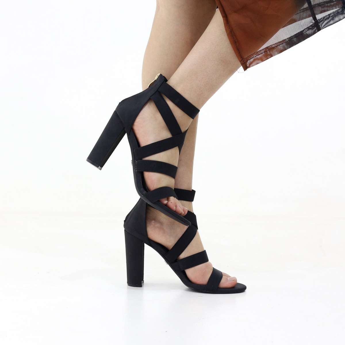 Elastic strappy high block 10cm heel open toe sandal