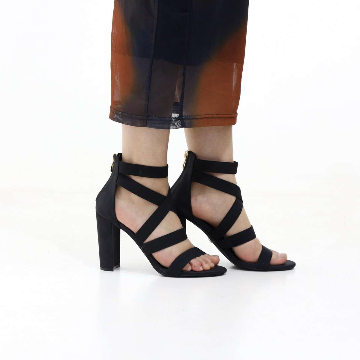 Elastic strappy high block 10cm heel open toe sandal