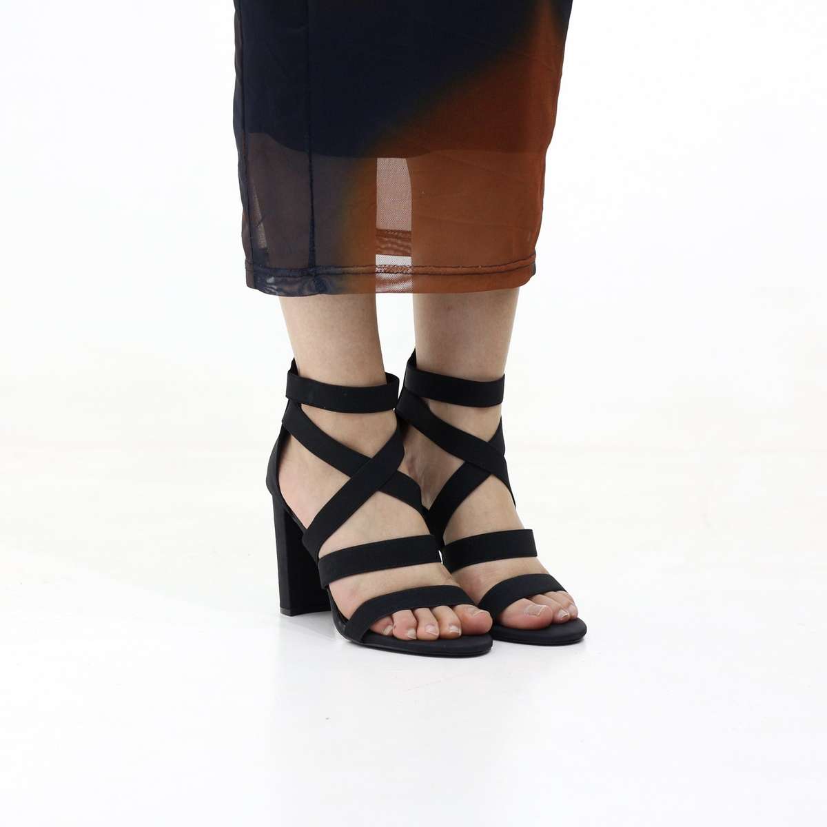Elastic strappy high block 10cm heel open toe sandal