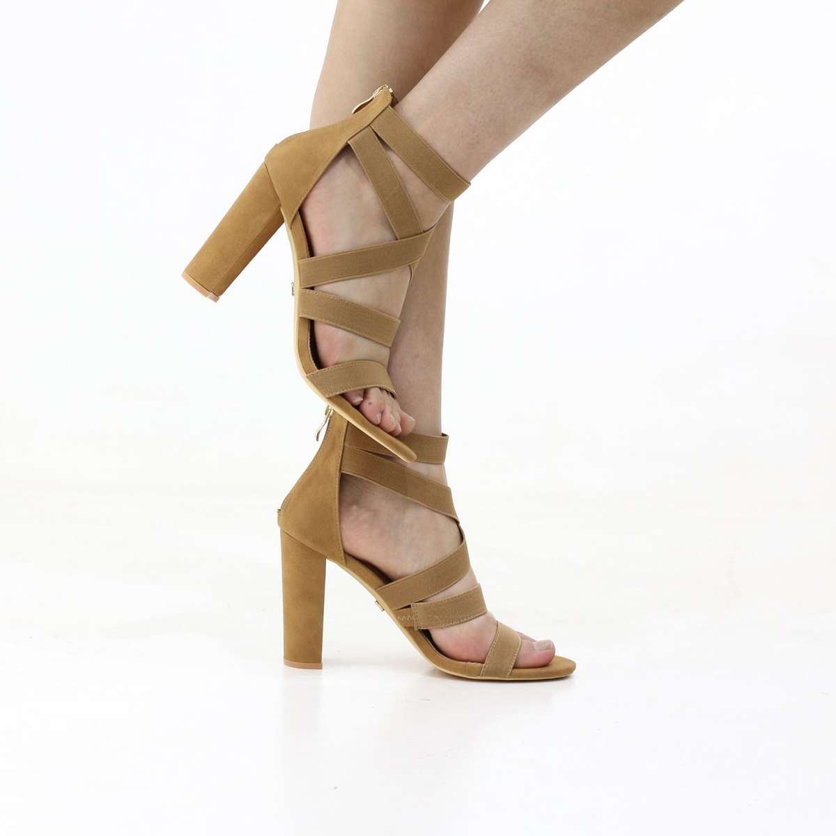 Elastic strappy high block 10cm heel open toe sandal