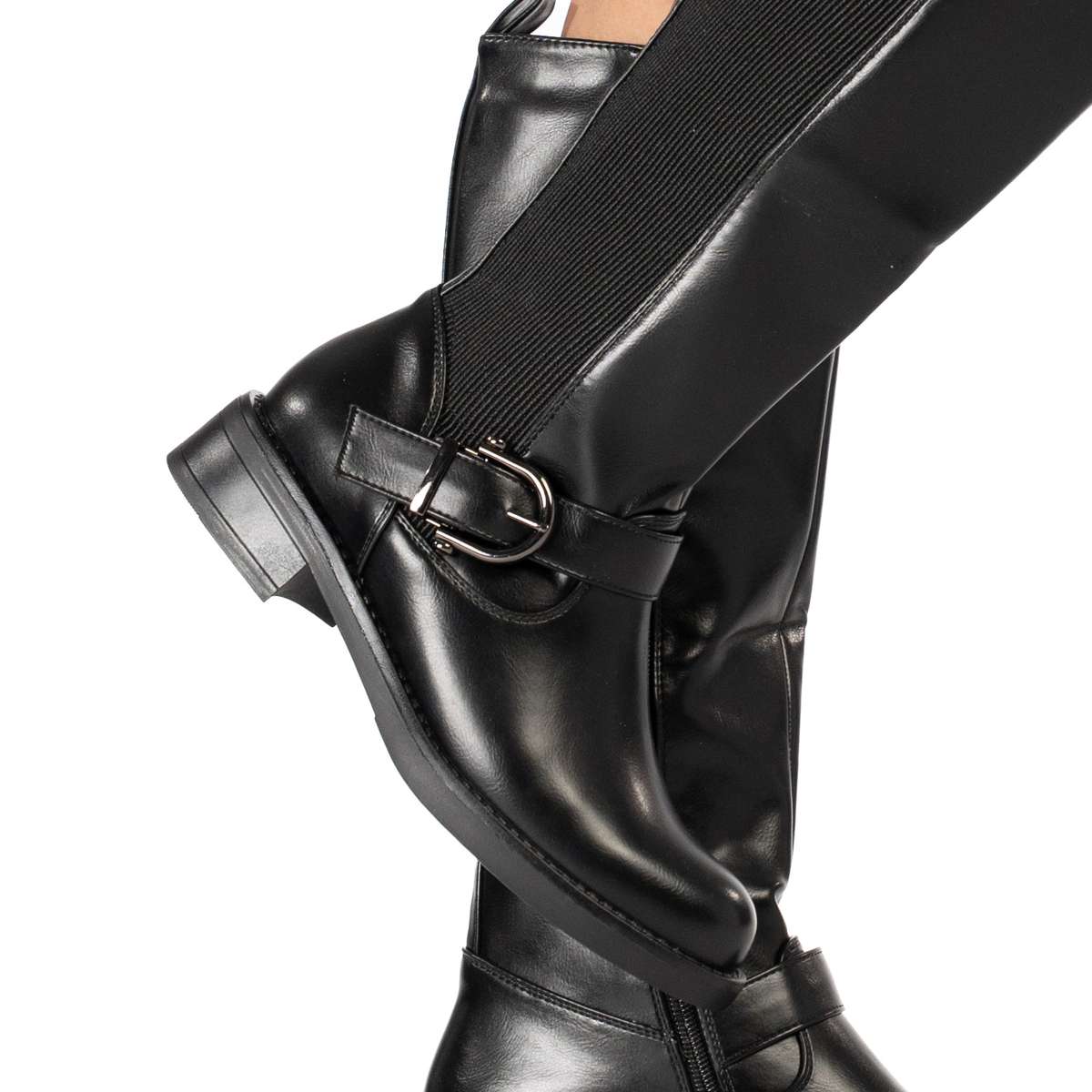 Agafya women's knee-high leather riding boots with buckle strap