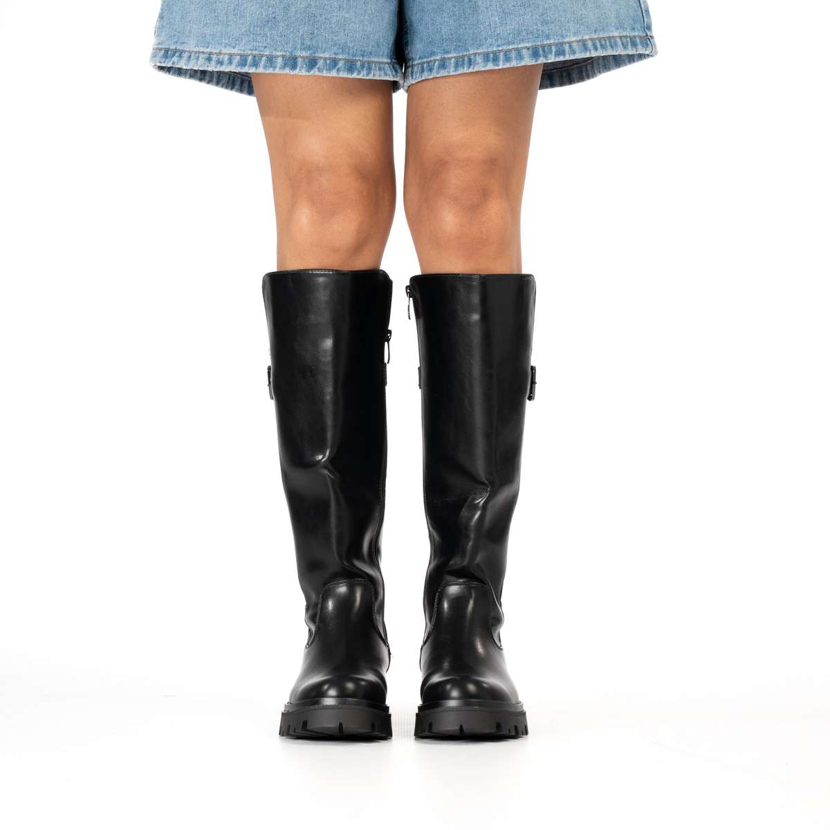 Raya women's Chunky knee-high boots with bold buckle detail