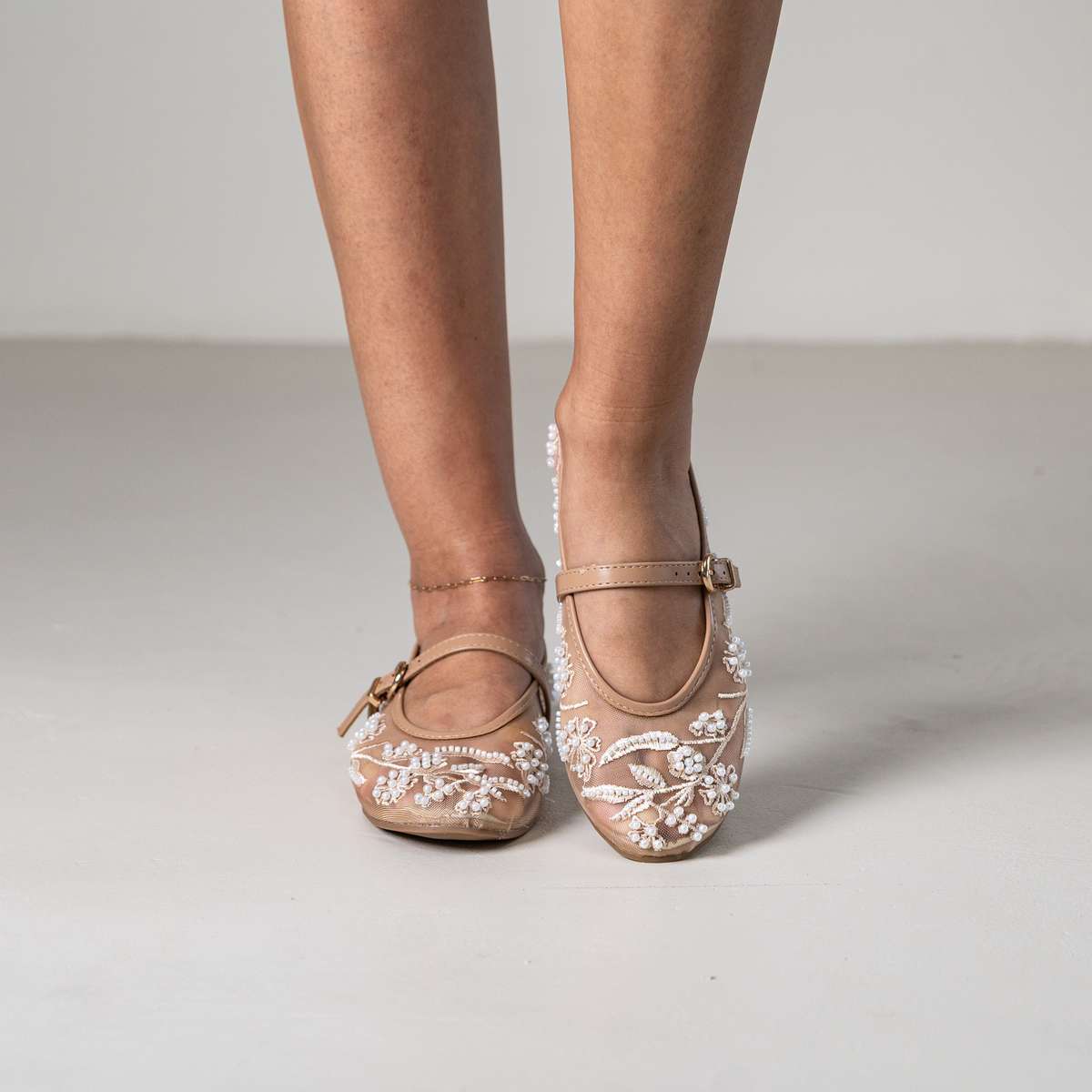 Petal beaded floral pump with strap and embellishments