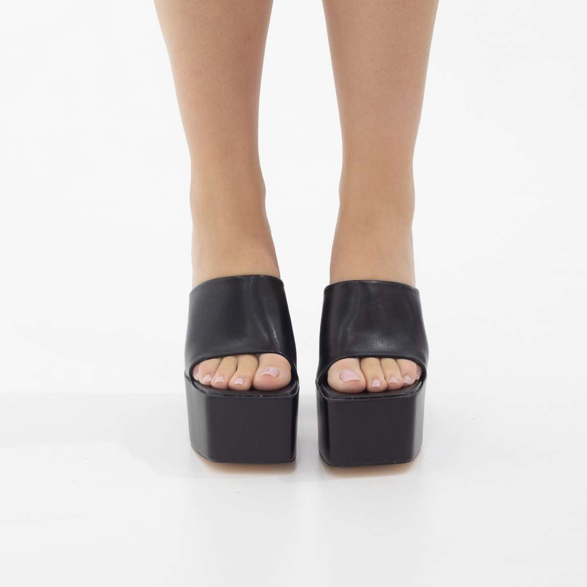 Porto platform slide on 14cm thick heel PU black