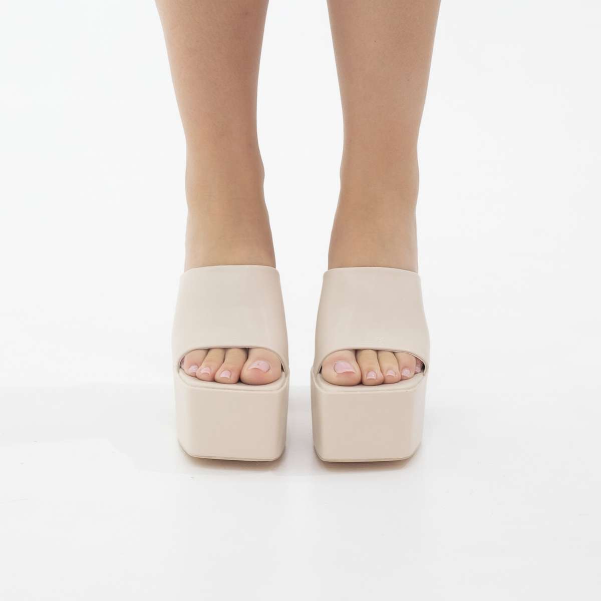 Porto platform slide on 14cm thick heel PU bone