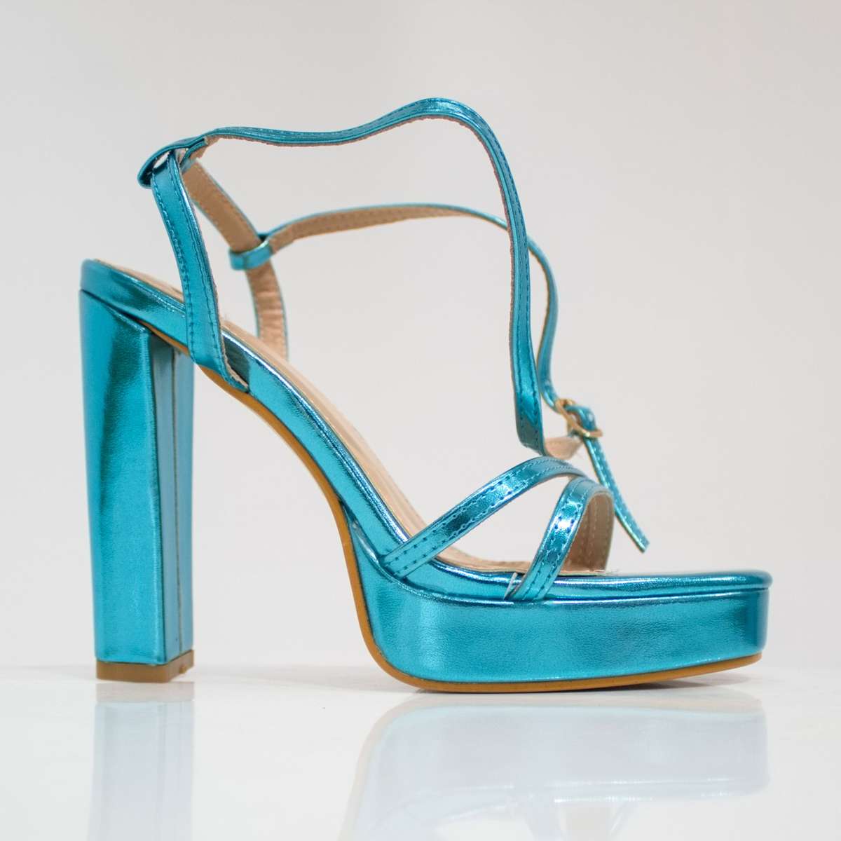 Aycra double band 11.5cm platform heel ankle strap sandal blue