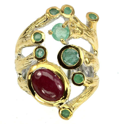 ***IN STOCK*** Ravishing Top Rich Red Ruby & Emerald 925 Sterling Silver Ring Size 8.5 Handmade