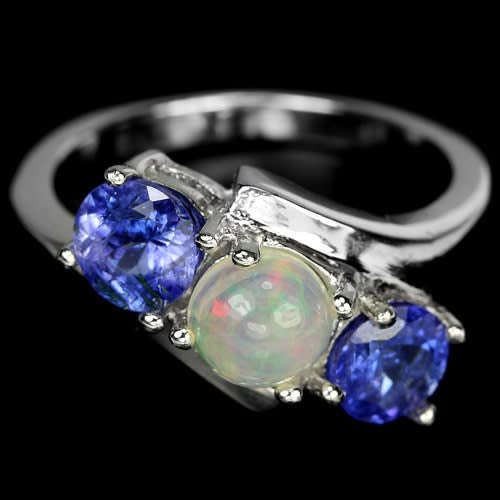 GEMSTONES***OPAL & BLUE TANZANITE ROUND STERLING 925 SILVER RING 6.75
