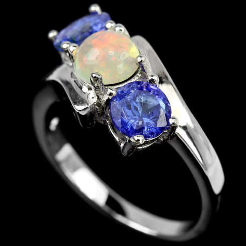 GEMSTONES***OPAL & BLUE TANZANITE ROUND STERLING 925 SILVER RING 6.75