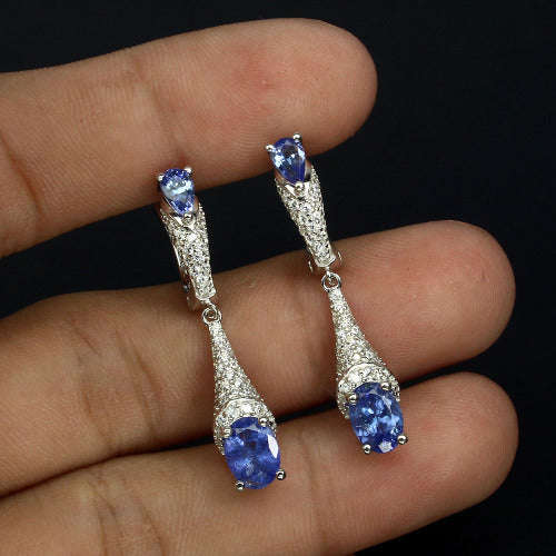 "REAL GEMSTONES" Oval 7x5mm Nice Blue Violet Tanzanite 925 Sterling Silver Earrings