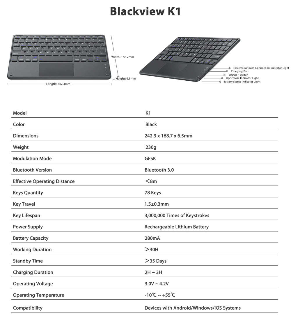 Blackview K1 Ultra-slim BV Universal Wireless Keyboard