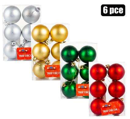 Christmas Tree Decor Metal Balls - Pack of 6 in Assorted Colours - 6 cm - Silver
