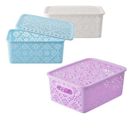 Lace Design Rectangular Plastic Baskets With Lid 24x18x10cm