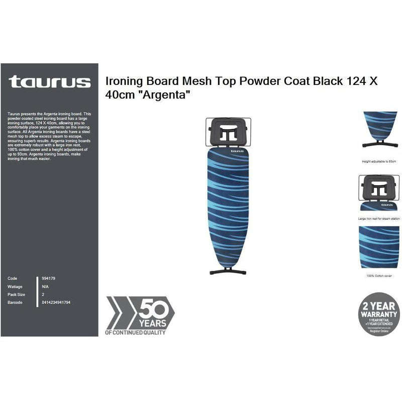 Taurus Ironing Board Mesh Top Powder Coat Black 124 X 40cm "Argenta"