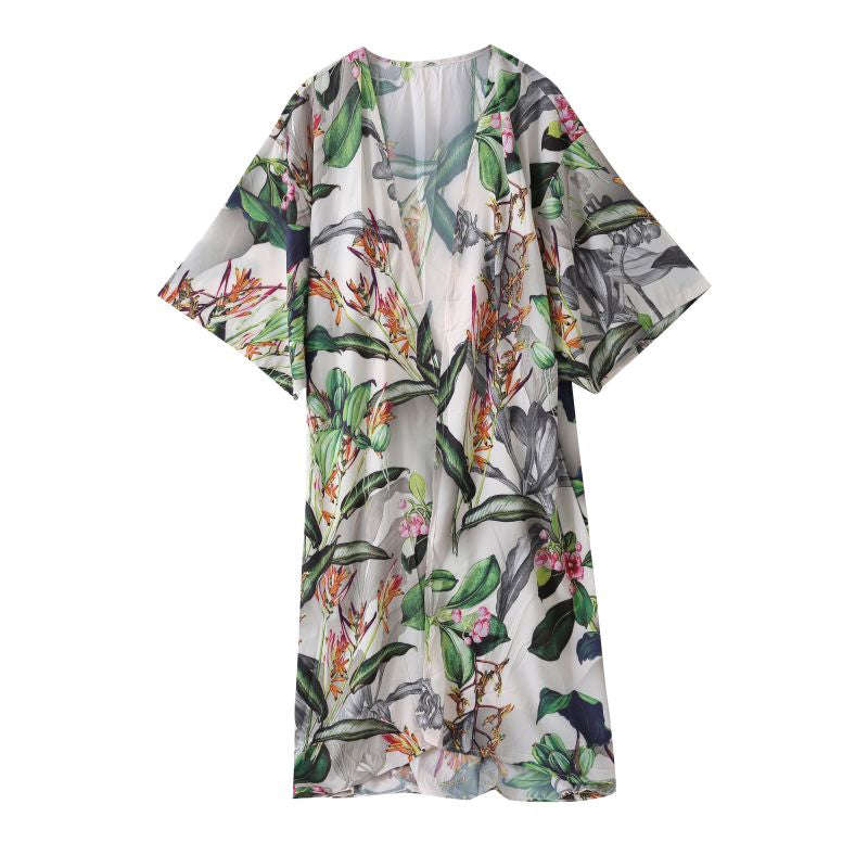green and white botanical kimono