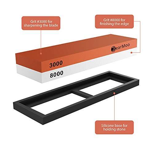 BearMoo Whetstone, Knife Sharpening Stone 3000/8000 Grit Combination Waterstone Sharpener- Rubber...