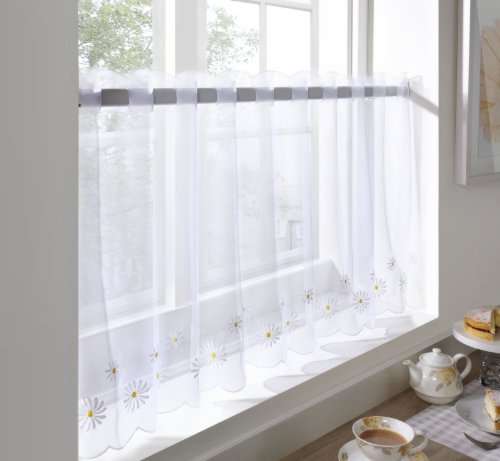 Caf Voile Curtain Panel, Embroidered Kitchen Net Curtains, Daisy Flower, 59 x 24