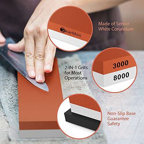 BearMoo Whetstone, Knife Sharpening Stone 3000/8000 Grit Combination Waterstone Sharpener- Rubber...