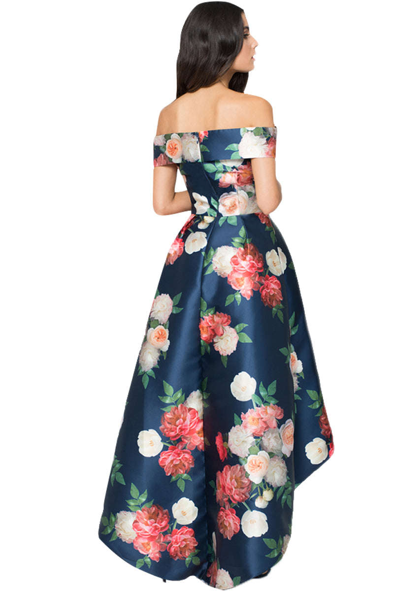 Navy Satin Floral Off Shoulder Prom Dress - Dark Blue / (US 8-10)M