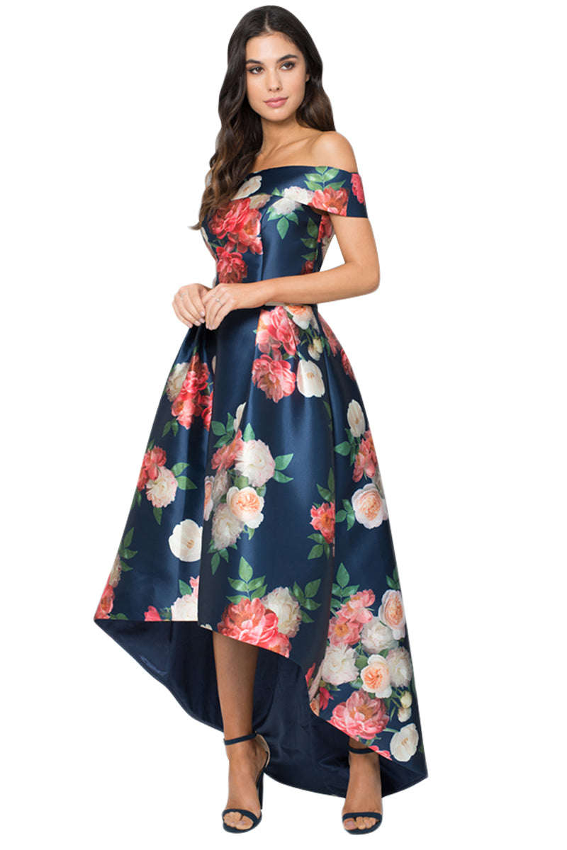 Navy Satin Floral Off Shoulder Prom Dress - Dark Blue / (US 8-10)M