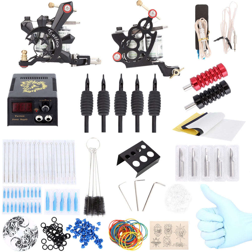 Complete Tattoo Kit Power Supply Tips 2 Machine Guns Shader Liner - BLACK / THREE PIN US PLUG