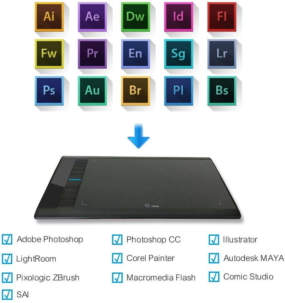 M708 UGEE Graphics Tablet 10 x 6 inch Large Active Area Drawing Tablet with 8 Hot Keys, 8192 Levels
