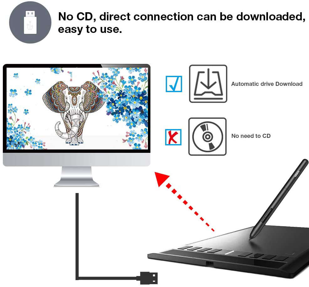 M708 UGEE Graphics Tablet 10 x 6 inch Large Active Area Drawing Tablet with 8 Hot Keys, 8192 Levels