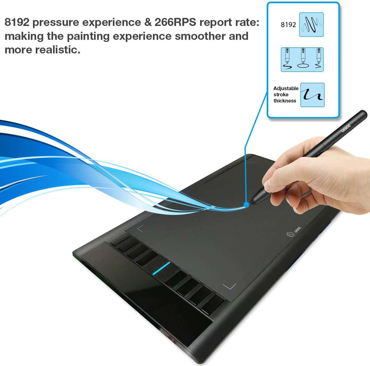 M708 UGEE Graphics Tablet 10 x 6 inch Large Active Area Drawing Tablet with 8 Hot Keys, 8192 Levels