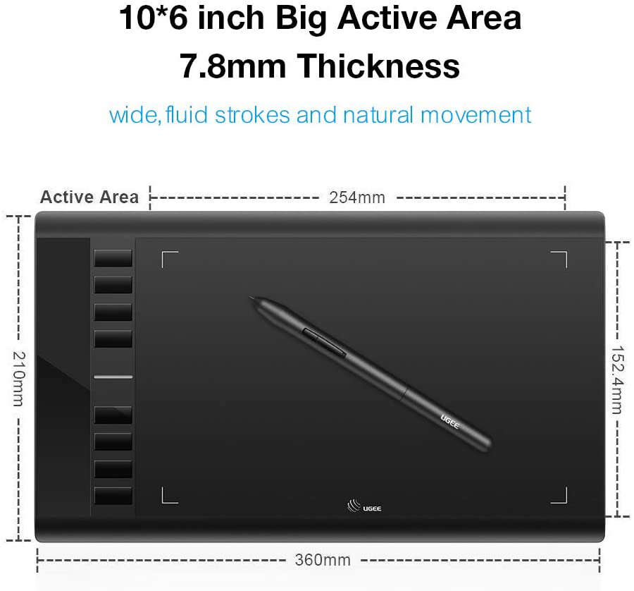 M708 UGEE Graphics Tablet 10 x 6 inch Large Active Area Drawing Tablet with 8 Hot Keys, 8192 Levels