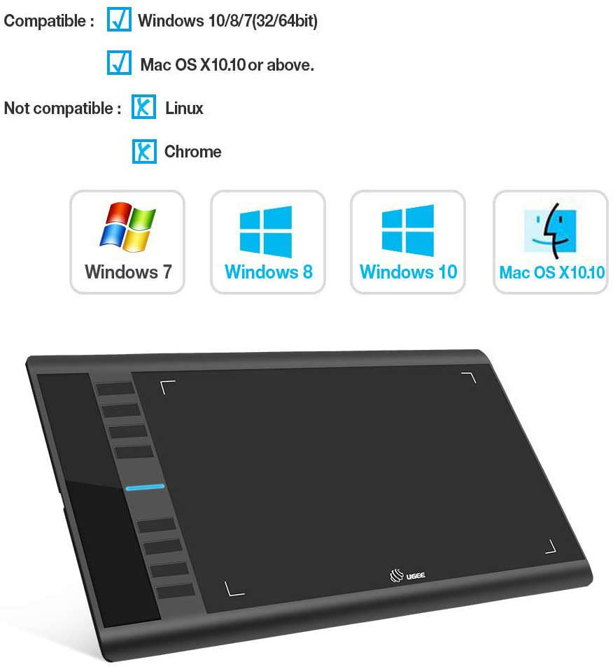 M708 UGEE Graphics Tablet 10 x 6 inch Large Active Area Drawing Tablet with 8 Hot Keys, 8192 Levels