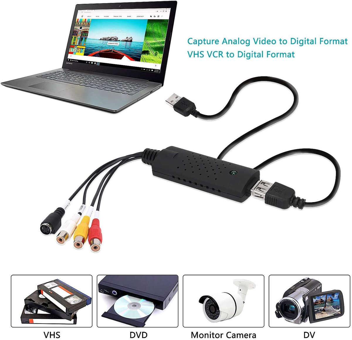 USB Audio Video Converter, VHS to Digital Converter, Video Capture Card Digitize from Analog Video V