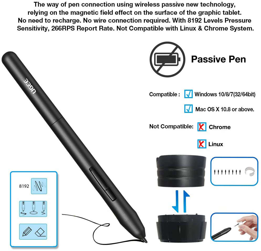 M708 UGEE Graphics Tablet 10 x 6 inch Large Active Area Drawing Tablet with 8 Hot Keys, 8192 Levels