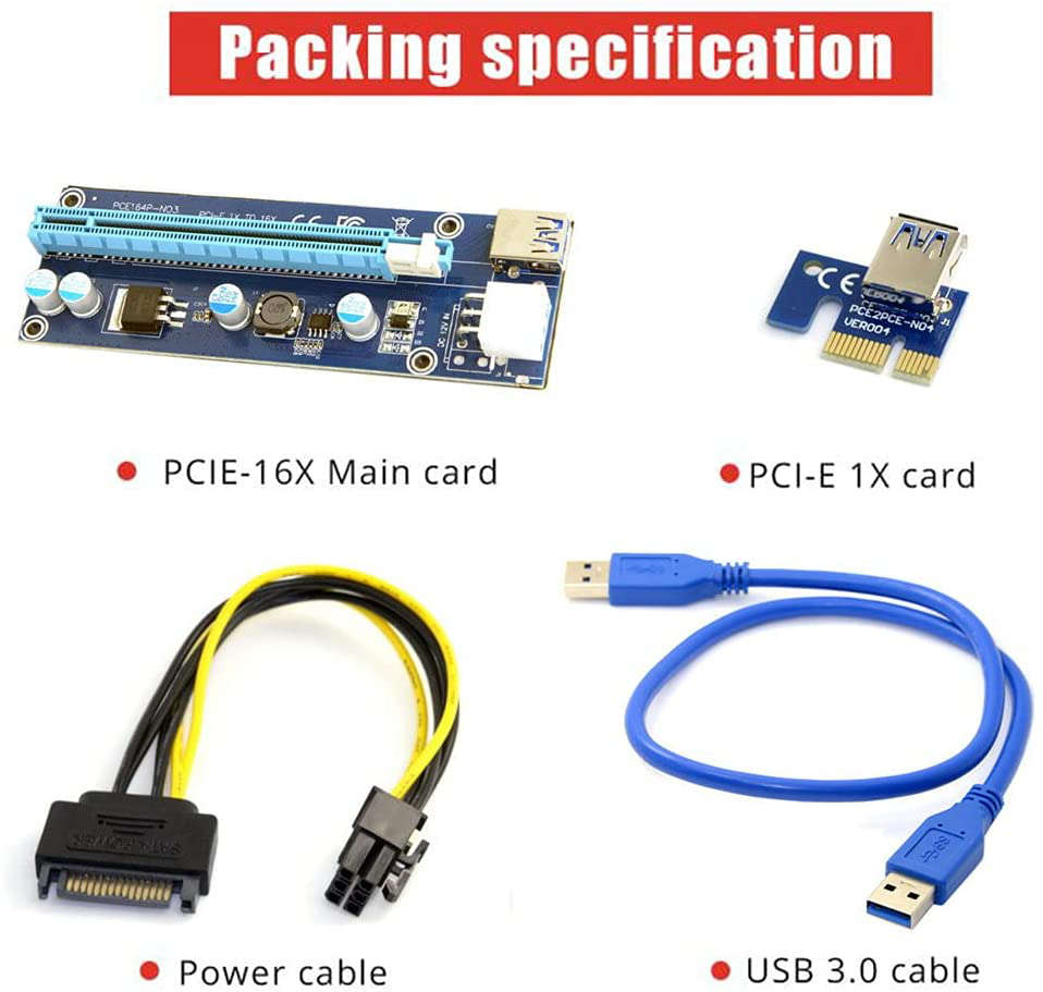 JSER PCI-E 1x to 16x Mining Machine Enhanced Extender Riser Adapter with USB 3.0 & 6Pin Power Cable