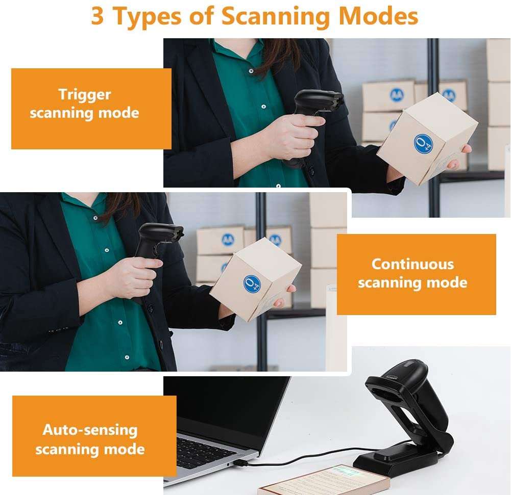 USB Barcode Scanner Wall Mountable, 2.4G Wireless 1D QR 2D Bar Code Reader CMOS Scree